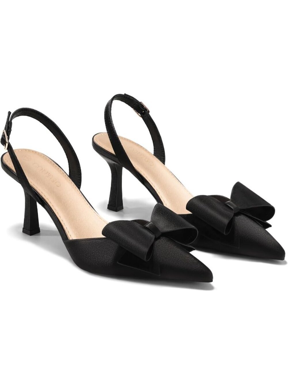 Women's Black Kitten Heels Bow Slingback Satin Slip On Closed Pointed Toe Pumps
